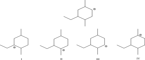<strong>Which of the following is the carbocation most likely formed after a 1,2-hydride shift? </strong> A)I B)II C)III D)IV E)None of these