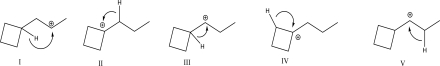 <strong>Which of the following 1,2-hydride shift rearrangements is most likely? </strong> A)I B)II C)III D)IV E)None of these
