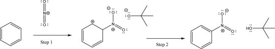 For the following reaction scheme,name what type of elementary mechanism step is occurring in Step 1 and Step 2.Choose from the following: S<sub>N</sub>2,coordination,heterolysis,E2,nucleophilic addition,nucleophile elimination,electrophilic addition,electrophile elimination,carbocation rearrangement,or none of the above.