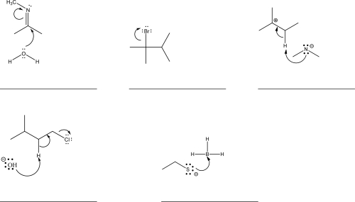 For each of the five following mechanism steps,name the step being shown.Choose from the following: proton transfer,S<sub>N</sub>2,coordination,heterolysis,E2,nucleophilic addition,nucleophile elimination,electrophilic addition,electrophile elimination,carbocation rearrangement,or none of the above.