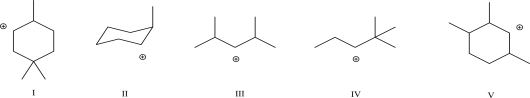 <strong>Which of the following would undergo a 1,2-methyl shift?  </strong> A)I B)II C)III D)IV E)V <div style=padding-top: 35px> 