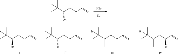 <strong>What is the most likely product of the following reaction?  </strong> A)I B)II C)III D)IV E)A racemic mixture of I and II <div style=padding-top: 35px> 