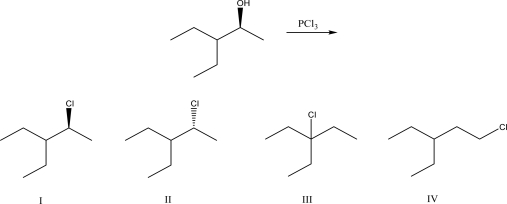 <strong>What is the most likely product of the following reaction?  </strong> A)I B)II C)III D)IV E)A racemic mixture of I and II <div style=padding-top: 35px> 