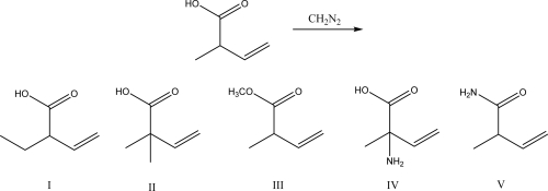 <strong>What is the most likely product of the following reaction?  </strong> A)I B)II C)III D)IV E)V <div style=padding-top: 35px> 