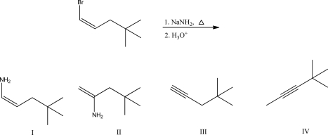 <strong>What is the likely product of the following reaction?  </strong> A)I B)II C)III D)IV E)A mixture of I and II <div style=padding-top: 35px> 