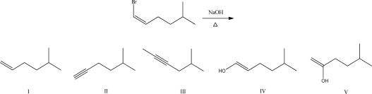 <strong>What is the product of the following reaction?  </strong> A)I B)II C)III D)IV E)V <div style=padding-top: 35px> 