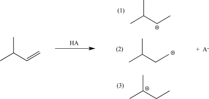 <strong>The electrophilic addition step in the reaction below can result in three carbocation intermediates.Rank these carbocation intermediates in order of increasing stability. </strong> A)2 < 3 < 1 B)2 < 1 < 3 C)1 < 2 < 3 D)3 < 2 < 1 E)1 < 3 < 2