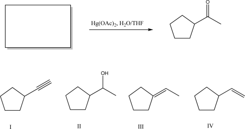<strong>What starting material is required to complete the following transformation? </strong> A)I B)II C)III D)IV E)Both III and IV are acceptable starting materials.