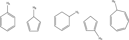 <strong>Which hydrogen has the lowest Pk<sub>a</sub>? </strong> A)H<sub>A</sub> B)H<sub>B</sub> C)H<sub>C</sub> D)H<sub>D</sub> E)H<sub>E</sub>