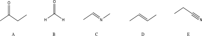 <strong>Which of the following molecules would be unlikely to undergo a nucleophilic addition reaction? </strong> A)A B)B C)C D)D E)E