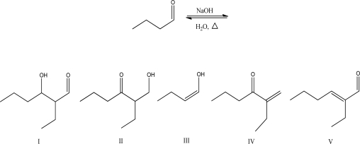<strong>What is the aldol condensation product for the following reaction? </strong> A)I B)II C)III D)IV E)V