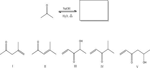<strong>What is the aldol condensation product for the following reaction? </strong> A)I B)II C)III D)IV E)V