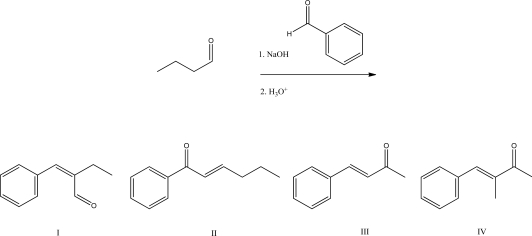 <strong>What is the product of the following crossed aldol condensation? </strong> A)I B)II C)III D)IV E)None of these is the crossed aldol product.