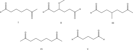 <strong>Which of the following molecules cannot undergo an intramolecular aldol condensation when treated with NaOH? </strong> A)I B)II C)III D)IV E)V