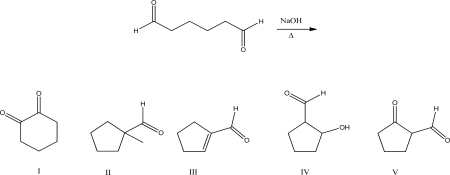 <strong>What is the major product of the following intramolecular aldol reaction? </strong> A)I B)II C)III D)IV E)V
