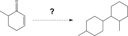 Using the molecule shown at the left as your only source of carbon,propose a synthesis of the product shown at the right.