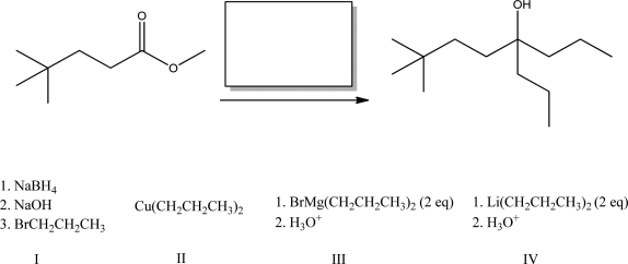 <strong>Which of the following reagents will best complete the reaction below? </strong> A)I B)II C)III D)IV E)Both III and IV will complete the reaction.
