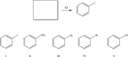 <strong>What is the starting material that best completes the following reaction? </strong> A)I B)II C)III D)IV E)V