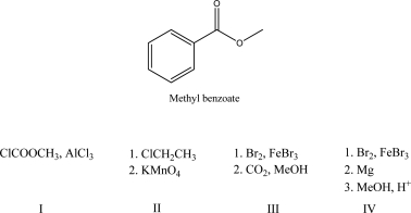 <strong>Which reagent(s)will best convert benzene into methyl benzoate? </strong> A)I B)II C)III D)IV E)None of these will convert benzene to methyl benzoate.