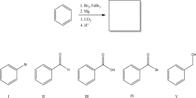 <strong>What is the most likely product of the following set of reactions? </strong> A)I B)II C)III D)IV E)V