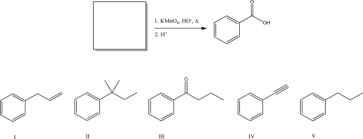 <strong>Which of the following starting materials will not produce benzoic acid when treated with hot KMnO<sub>4</sub>? </strong> A)I B)II C)III D)IV E)V