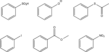 How many of the following molecules will undergo chlorination at a higher rate than benzene and will produce ortho/para-substituted products?