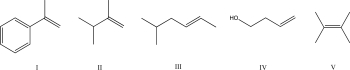 <strong>Which of the following monomers would undergo cationic polymerization at the fastest rate after treatment with acid? </strong> A)I B)II C)III D)IV E)V