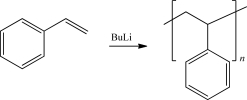 Draw the mechanism for the following anionic polymerization.Include two propagation steps,and terminate the reaction using H<sub>3</sub>O<sup>+</sup>.