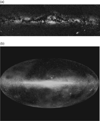<strong>Below are two images of the Milky Way at different wavelengths. Which one was taken at infrared wavelengths, and why do you think so? </strong> A) A; there are many cool stars in the image, which emit a lot of infrared light. B) A; the dust in the galaxy mainly blocks infrared light and lets visible light through. C) B; we see mainly warm dust emitting thermal radiation. D) B; infrared light passes through the dust so we can see the galaxy's structure more clearly. E) B; stars in the central bulge shine only at infrared wavelengths.