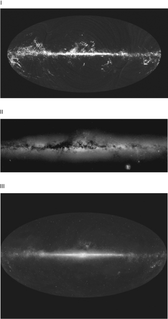 <strong>Below are three pictures of the disk of the Milky Way, taken in three different wavelength ranges. Put the three pictures in order from shortest to longest wavelength.</strong> A) I, II, III B) II, III, I C) I, III, II D) II, I, III E) III, I, II