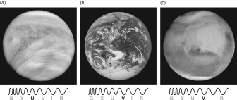 <strong>By examining the images shown below, what can you conclude? </strong> A) Venus is covered with clouds. B) Earth has a large amount of liquid water. C) Some form of ice does exist on Mars, but it does not have large amounts of liquid water. D) The planets in order from the least to most dense atmospheres are Venus, Earth, and Mars. E) All of the above are valid conclusions.