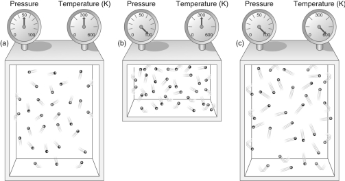 <strong> Figure 1 According to Figure 1, what effect does doubling the temperature of a gas while keeping its volume constant have on the pressure of the gas?</strong> A) The pressure doubles. B) The pressure is cut in half. C) The pressure remains the same. D) The volume quadruples. E) The volume is cut to one-third its original value.