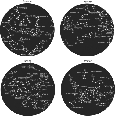 <strong> The figures above show the night sky as it appears for an observer in the United States at the same time of the night but at four different seasons of the year. Which conclusion below is NOT reasonable based on these observations?</strong> A) Constellations do not change their location relative to one another, but which constellations appear in the night sky does change from season to season. B) There are some constellations such as Ursa Minor, Ursa Major, Cassiopeia, and Cephus that are always seen in the night sky. C) Some constellations such as Capricornus and Sagittarius are only visible during summer and fall. D) A good time to harvest crops would be when the constellation Pegasus is directly overhead. E) A good time to plant crops would be when the constellation Sagittarius is directly overhead.