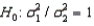   vs.   Rejection region: F > F<sub>.05,9,14</sub> = 2.65 Test statistic: F = 1.455 Conclusion: Don't reject the null hypothesis.There is not enough evidence at the 5% significance level to infer that the variance of Population 1 is larger than the variance of Population 2.