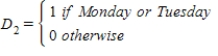A local newspaper that appears six days per week wanted to forecast two-day revenues from its business services classified ads section.The revenues (in $1,000s)were recorded for the past 52 weeks.From these data,the following regression equation was computed: = 2000 + 0.6t− 150D<sub>1</sub>− 40D<sub>2</sub> (t = 1,2,3,...,156) where and Forecast the two-day revenues for the next week.