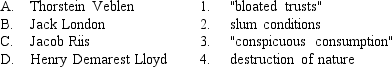 <strong>Match each late-nineteenth-century social critic below with the target of his criticism. </strong> A) A-4, B-2, C-3, D-1 B) A-1, B-3, C-4, D-2 C) A-3, B-4, C-2, D-1 D) A-3, B-2, C-1, D-4 E) A-2, B-1, C-4, D-3