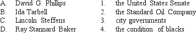 <strong>Match each early-twentieth-century muckraker below with the target of his or her exposé. </strong> A) A-1, B-2, C-3, D-4 B) A-4, B-2, C-3, D-1 C) A-3, B-1, C-2, D-4 D) A-3, B-2, C-4, D-1 E) A-1, B-4, C-2, D-3