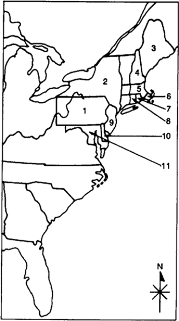 Locate the following places by reference number on the map: The Settlement of the Northern Colonies, 1619-1700 ____ Massachusetts Bay