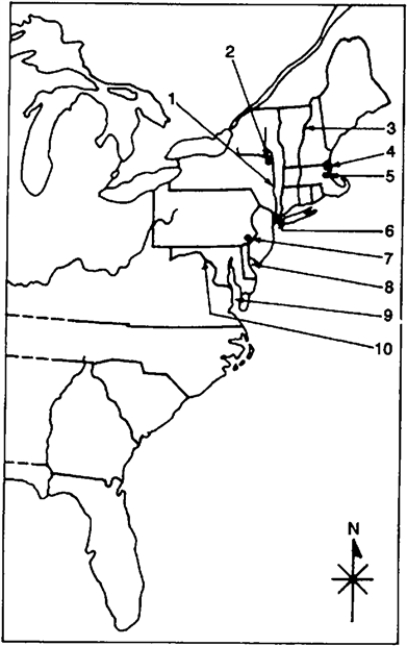 Locate the following places by reference number on the map: Key Locales of Political, Economic, and Religious Ferment and Development in the Northern Colonies, 1619-1700 ____ Delaware Bay