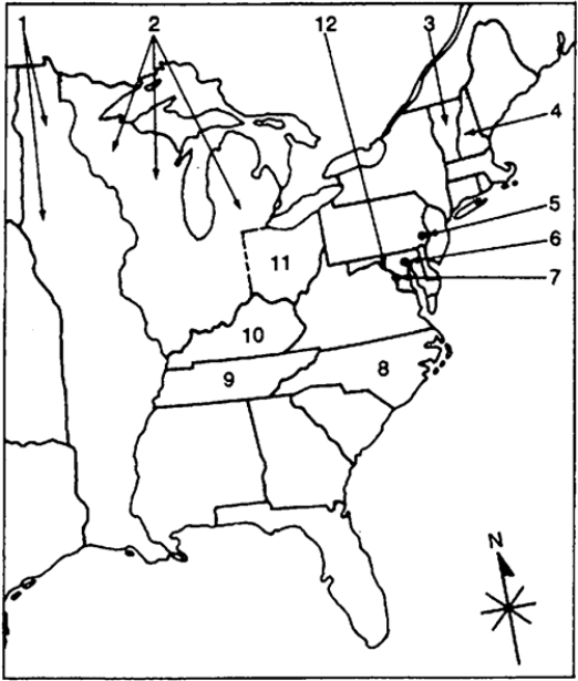 Locate the following places by reference number on the map: ​The United States, Spanish Louisiana, and the Old Northwest Around 1789 and Before the Louisiana Purchase    ____ Vermont<div style=padding-top: 35px> 