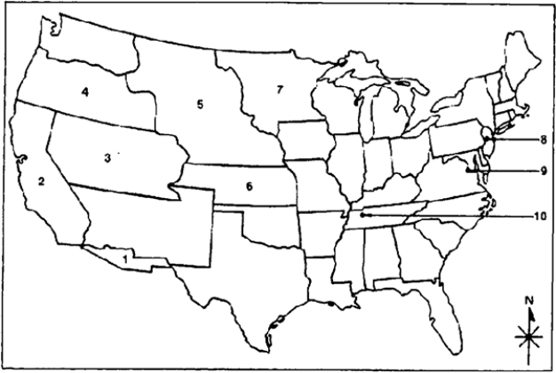 Locate the following places by reference number on the map: The United States and Its Territories (Free and Slave) following the Kansas-Nebraska Act of 1854 ____ Nashville