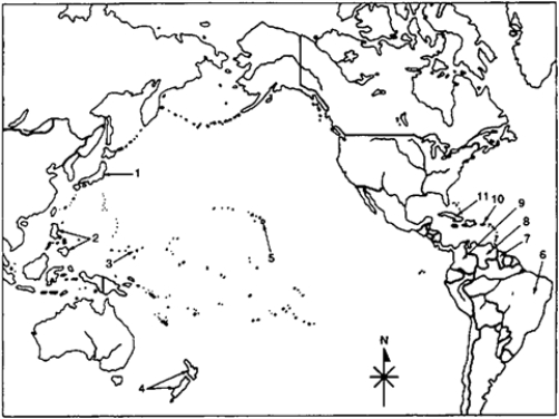 Locate the following places by reference number on the map: South America, the Caribbean, the South Pacific, and Japan on the Eve of the Spanish-American War, c. 1898 ____ Either one of the two nations whose boundary dispute in 1895 nearly involved the United States in war.