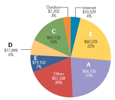 FIGURE 16-5 -With respect to Figure 16-5 above, the pie shape labeled B garners the second largest amount of advertising expenditures.Which of the following identifies that segment?