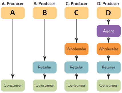 <strong>Figure 13-3 Figure 13-3 above, represents four common marketing channels for consumer products and services which differ by the kind and number of intermediaries.Cubicle c would be a good example of purchasing a _________.</strong> A)candy bar B)new vehicle C)car insurance D)boston pizza E)ticket to a rock concert