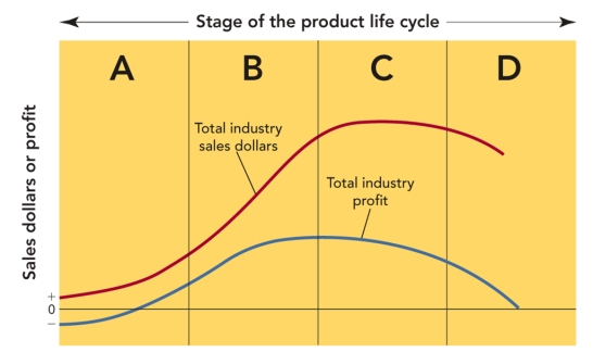 <strong>FIGURE 11-1 The stage in the product life cycle labeled D in Figure 11-1 above is called</strong> A)introduction. B)maturity. C)growth. D)diversification. E)decline.