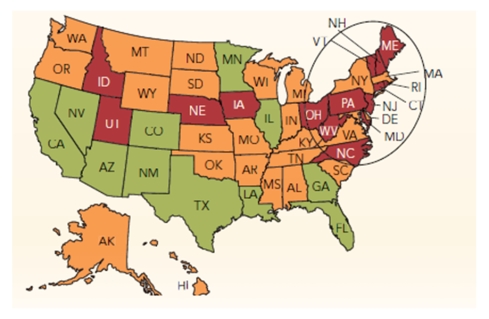 FIGURE 10-6   -In the Marketing dashboards shown in Figure 10-6 above, green indicates an annual growth rate that is greater than 10%; orange signifies an annual growth rate of between 0%-10%; and red represents a decline or negative annual growth rate.If an organization's 2010 sales for entire U.S.were $50 million and its 2009 U.S.sales were $30 million.The annual % of sales change is 150%.Identify three possible marketing actions you would consider to reverse the decline in annual sales growth in the red states.