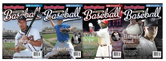 <strong>FIGURE 9-2 The Sporting News Baseball Yearbook uses 16 different covers featuring a baseball star from each of its regions in the United States.Four samples are shown in Figure 9-2 above.This is a great example of a</strong> A)interest-based segmentation. B)segmenting organizational markets. C)one product and multiple market segments. D)multiple products and multiple market segments. E)segments of one, or mass customization.