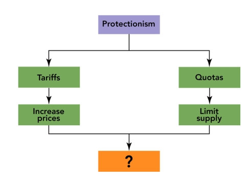 <strong>FIGURE 7-1 The orange box in Figure 7-1 above should read</strong> A)increase world trade. B)decrease world trade. C)limit exports. D)limit imports. E)doubles protectionism.