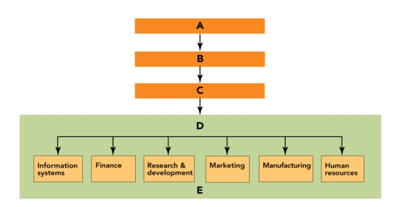 <strong>FIGURE 2-1 In Figure 2-1 above, A represents the</strong> A)functional-level strategy level. B)board of directors. C)corporate-level strategy level. D)chief executive officer. E)business-unit strategy level.