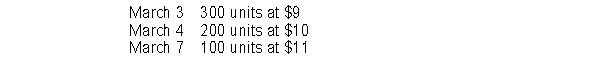 Average Corp purchased inventory as follows: On March 5, Average sold 400 units for $17 each. The average unit cost to be used for the cost of goods sold on March 5, in a perpetual inventory system, is (a)$9.40. (b)$9.50. (c)$9.67. (d)$17.00.